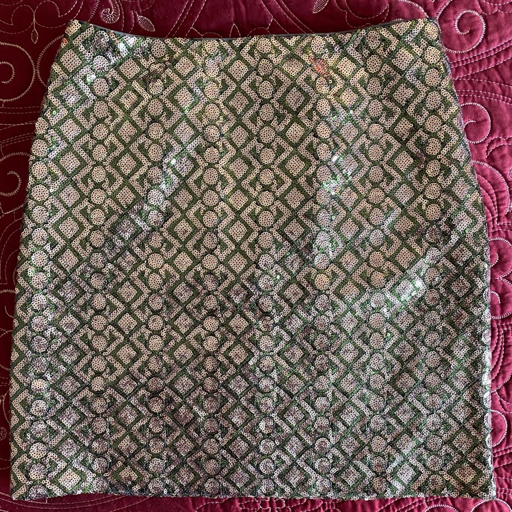 Olive green & gold sequined & lined miniskirt.